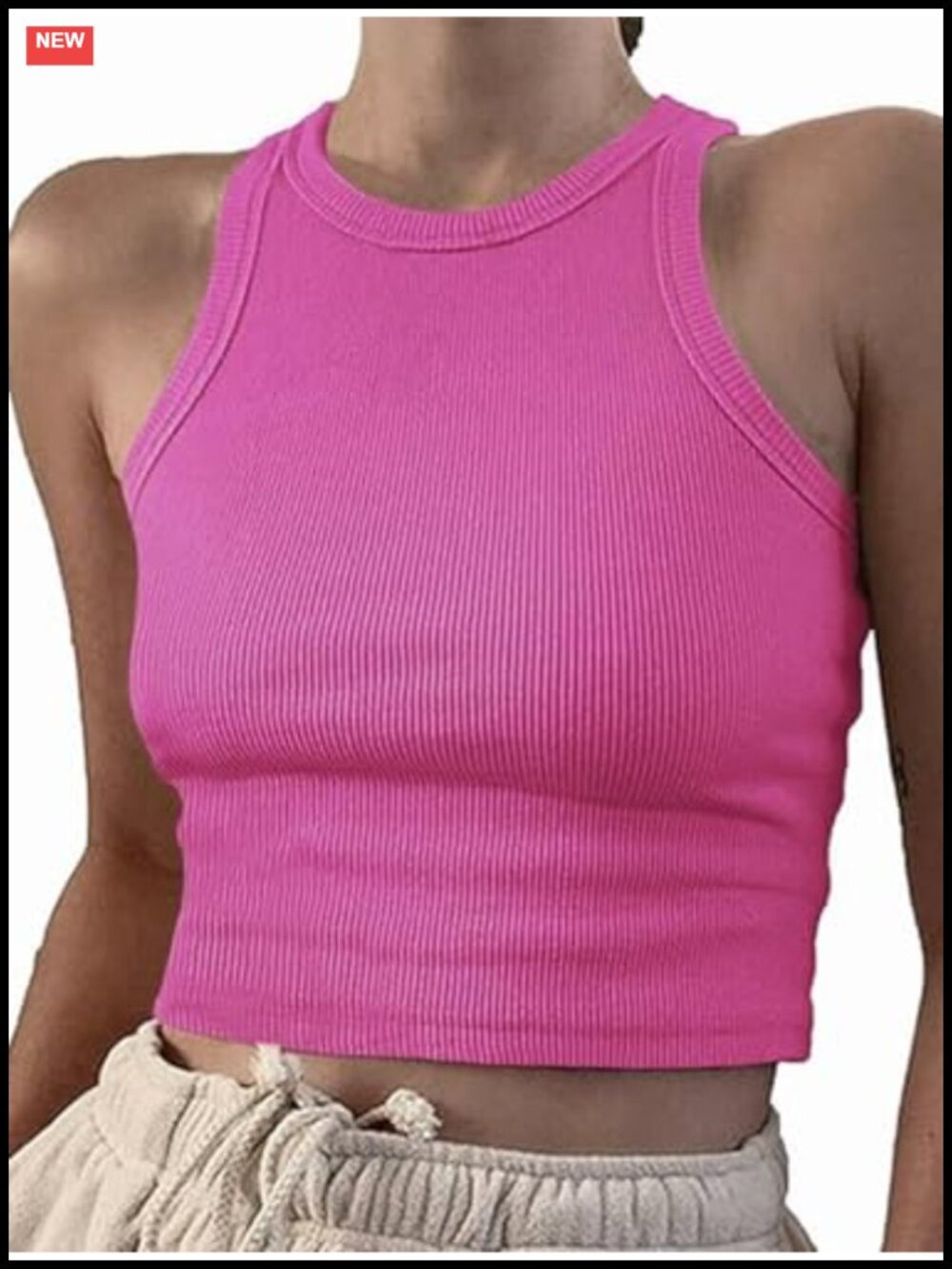 Cropped Tank Top Women's Ribbed Cotton Sleeveless High Neck Cami